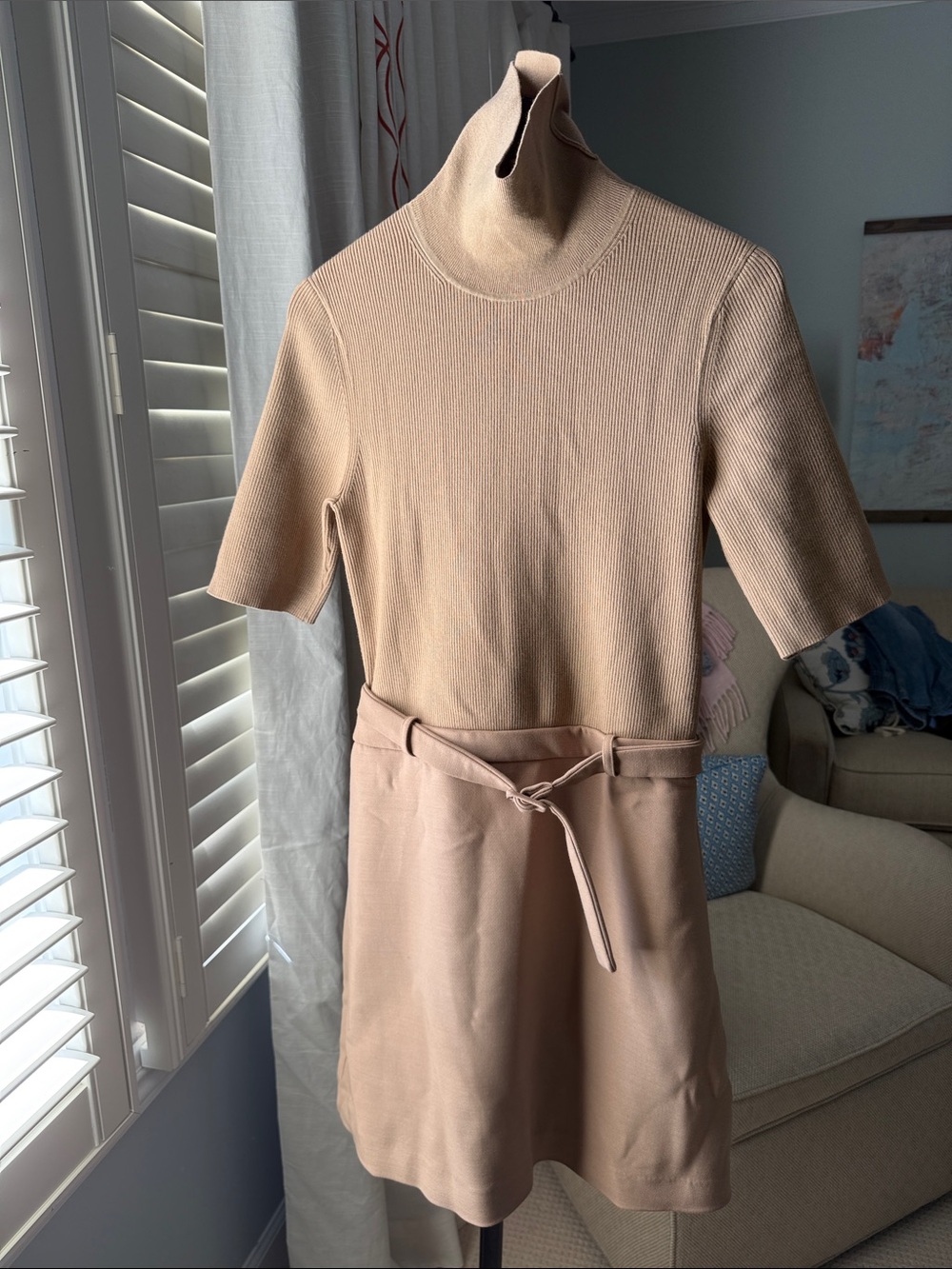 Theory Beige Turtleneck Short-Sleeve Sweater Dress